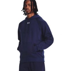 Bluza męska Under Armour Rival Fleece Hoodie. Niebieskie bluzy sportowe męskie Under Armour, bez wzorów, sportowe, bez kołnierzyka, bez ramiączek. Za 239.00 zł.