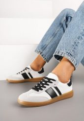 Biało-Czarne Sneakersy Tenisówki z Ozdobnymi Paskami Nelidi. Białe trampki i tenisówki damskie Born2be, bez wzorów, z jeansu. Za 79.99 zł.