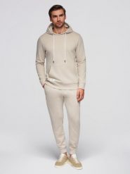 Męski bawełniany komplet dresowy bluza kangurka + spodnie joggery - jasnobeżowy V1 - Rozmiar: L. Brązowe bluzy z kapturem męskie Ombre Clothing, l, z bawełny. Za 339.99 zł.