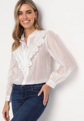 Biała Koszula z Koronką Walaa. Białe koszule damskie Born2be, m, bez wzorów, z koronki, bez kołnierzyka, bez ramiączek. Za 129.99 zł.