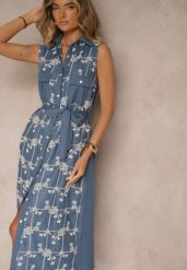 Niebieska Sukienka Koszulowa z Wiązanym Paskiem i Haftowanym Zdobieniem Malenea. Niebieskie sukienki damskie Renee, na co dzień, l, z aplikacjami, z jeansu, eleganckie, bez kołnierzyka, bez ramiączek, maxi, koszulowe. Za 119.99 zł.