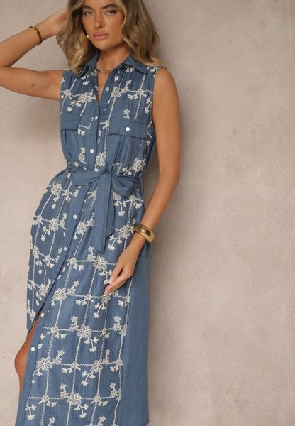 Niebieska Sukienka Koszulowa z Wiązanym Paskiem i Haftowanym Zdobieniem Malenea. Niebieskie sukienki damskie Renee, na co dzień, l, z aplikacjami, z jeansu, eleganckie, bez kołnierzyka, bez ramiączek, maxi, koszulowe. Za 99.99 zł.