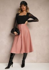 Różowa Spódnica z Ekoskóry High Waist o Rozkloszowanym Kroju na Napy i Guziki Ilalira. Czerwone spódniczki damskie Renee, l, z aplikacjami, eleganckie, z podwyższonym stanem, midi, dopasowane. Za 34.99 zł.
