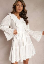 Biała Mini Sukienka o Rozkloszowanym Kroju z Falbankami i Materiałowym Paskiem w Talii Fiorfa. Białe sukienki damskie Renee, na lato, m, bez wzorów, z materiału, eleganckie, bez kołnierzyka, bez ramiączek, mini, rozkloszowane. W wyprzedaży za 132.99 zł.