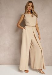 Beżowy Kombinezon Bez Rękawów z Nogawkami Wide Leg Noreldi. Brązowe kombinezony damskie Renee, m, bez wzorów, eleganckie, bez kołnierzyka, bez ramiączek. Za 109.99 zł.