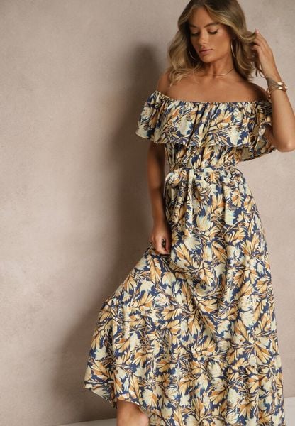 Granatowa Kwiatowa Sukienka Typu Hiszpanka z Bawełną Tiarice. Niebieskie sukienki damskie Renee, na co dzień, na lato, m, bez wzorów, z bawełny, eleganckie, bez kołnierzyka, bez ramiączek, maxi, proste. Za 79.99 zł.