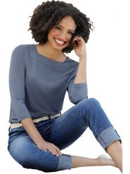 Heine Koszulka w kolorze niebieskim rozmiar: 46. Niebieskie bluzki damskie Heine, bez wzorów, bez kołnierzyka, bez ramiączek. Za 47.94 zł.