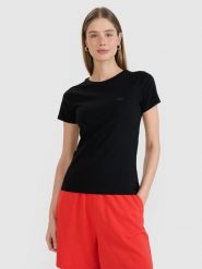 4F T-shirt slim gładki damski - czarny L. Czarne t-shirty damskie 4f, l, bez wzorów, z bawełny, bez kołnierzyka. Za 39.99 zł.