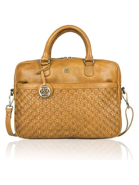 Bellicci Skórzana aktówka "Presley" w kolorze musztardowym - 37,5 x 27 x 5 cm rozmiar: onesize. Żółte aktówki damskie Bellicci, z materiału. Za 404.99 zł.