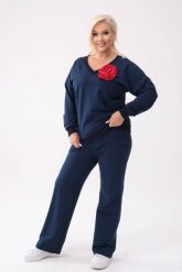 Bawełniany granatowy komplet dresowy Comfy - bluza z różą + długie spodnie PLUS SIZE XXL OVERSIZE. Niebieskie bluzy bez kaptura damskie Moda Size Plus Iwanek, z aplikacjami, z bawełny, biznesowe, plus size. Za 349.90 zł.