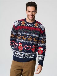 Sweter z motywem świątecznym - granatowy. Niebieskie swetry męskie Sinsay, l, bez wzorów, bez kołnierzyka. Za 79.99 zł.