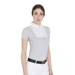 Damska koszula konkursowa slim fit z krótkim rękawem. Białe koszule damskie EQUESTRO, na lato, l, z aplikacjami, z bawełny, bez kołnierzyka, bez ramiączek. Za 361.62 zł.