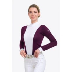 Koszulka konkursowa damska Queen. Fioletowe bluzki damskie CAVALLIERA, l, bez wzorów, z koronki, eleganckie, bez kołnierzyka, bez ramiączek. W wyprzedaży za 299.20 zł.
