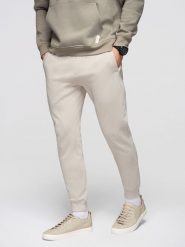 Spodnie męskie dresowe ze ściągaczem przy nogawce BASIC jogger - jasnobeżowe V1. Szare spodnie dresowe męskie Ombre Clothing, z aplikacjami, z bawełny. W wyprzedaży za 118.99 zł.