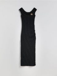 Sukienka maxi z efektem gniecenia - czarny. Czarne sukienki damskie Reserved, l, bez wzorów, z dzianiny, bez kołnierzyka, bez ramiączek, maxi, dopasowane. Za 139.99 zł.