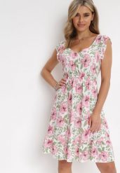 Biała Sukienka Bawełniana w Kwiaty Aimya. Białe sukienki damskie Born2be, na lato, l, bez wzorów, z bawełny, bez kołnierzyka, bez ramiączek, mini, rozkloszowane. W wyprzedaży za 35.99 zł.