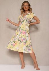 Żółta Kopertowa Sukienka w Kwiaty Atesalia. Żółte sukienki damskie Renee, na co dzień, na wiosnę, m, bez wzorów, eleganckie, bez kołnierzyka, bez ramiączek, midi, kopertowe. W wyprzedaży za 83.99 zł.