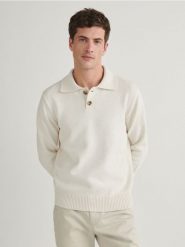 Sweter polo - złamana biel. Swetry męskie Reserved, l, bez wzorów, z bawełny, bez kołnierzyka. W wyprzedaży za 45.99 zł.