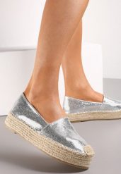 Srebrne Plecione Espadryle na Grubej Podeszwie z Lakierowaną Cholewką Noem. Szare espadryle damskie Renee, bez wzorów, z lakierowanej skóry, bez obcasa, na platformie. Za 59.99 zł.