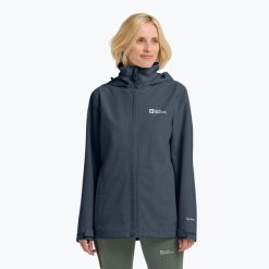 Kurtka przeciwdeszczowa damska Jack Wolfskin Trailtime 2L. Niebieskie kurtki przeciwdeszczowe damskie Jack Wolfskin, l, bez kaptura. Za 439.99 zł.