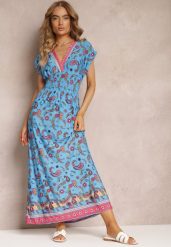 Granatowa Rozkloszowana Sukienka Maxi z Printem Paisley z Gumką w Pasie Zoenia. Niebieskie sukienki damskie Renee, na lato, l, bez wzorów, bez kołnierzyka, bez ramiączek, maxi, rozkloszowane. W wyprzedaży za 38.49 zł.