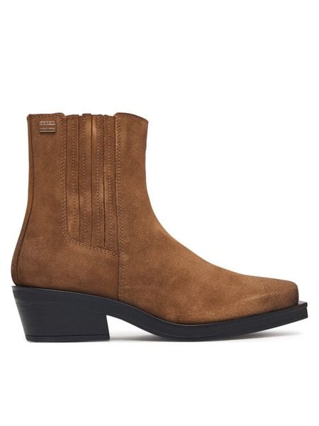 Tommy Jeans Botki Tjw Suede Cowboy Boots EN0EN03142 Brązowy. Brązowe botki damskie Tommy Jeans, z jeansu, bez obcasa, na płaskiej podeszwie, bez zapięcia. Za 649.99 zł.