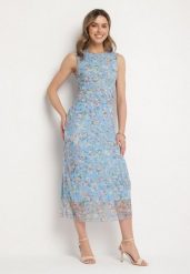 Niebieska Koktajlowa Taliowana Sukienka w Kwiaty z Wiskozową Podszewką Lidra. Niebieskie sukienki damskie Born2be, na co dzień, m, z aplikacjami, z jeansu, eleganckie, bez kołnierzyka, bez ramiączek, maxi. W wyprzedaży za 87.99 zł.