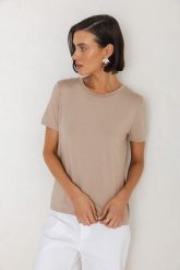 T-SHIRT ROMA MODAL TAUPE M - Flawless. T-shirty damskie Flawless, m, bez wzorów, z jeansu, bez kołnierzyka. Za 200.00 zł.