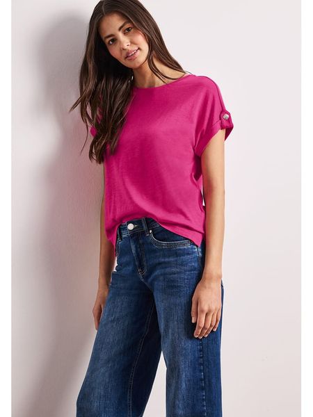 Street One Koszulka w kolorze różowym rozmiar: 34. Różowe t-shirty damskie Street One, bez wzorów, z bawełny, bez kołnierzyka. Za 59.95 zł.