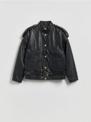 Kurtka z owczej skóry - czarny. Czarne kurtki damskie Reserved, l, bez wzorów, ze skóry, bez kaptura. Za 699.99 zł.