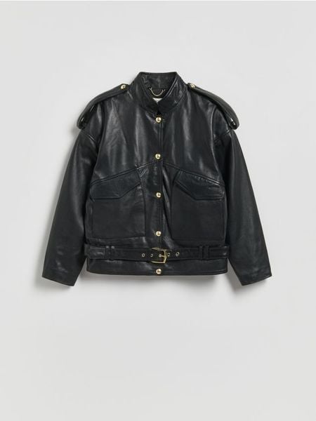 Kurtka z owczej skóry - czarny. Czarne kurtki damskie Reserved, l, bez wzorów, ze skóry, bez kaptura. Za 599.99 zł.