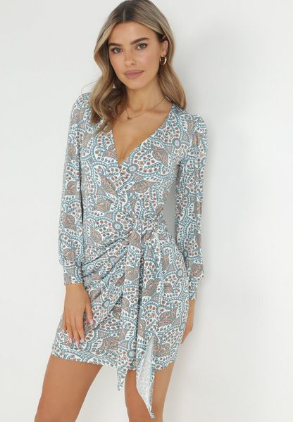 Niebieska Kopertowa Sukienka z Długim Rękawem Teuila. Niebieskie sukienki damskie Born2be, l, bez wzorów, z tkaniny, eleganckie, bez kołnierzyka, bez ramiączek, maxi, kopertowe. Za 149.99 zł.