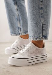 Białe Trampki na Grubej Podeszwie z Ażurową Cholewką Nalivera. Białe trampki i tenisówki damskie Born2be, w ażurowe wzory, z jeansu. Za 79.99 zł.