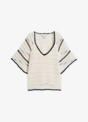 Sweter ażurowy z lnem. Białe swetry klasyczne damskie bonprix, na wiosnę, z bawełny, bez kołnierzyka. Za 127.99 zł.