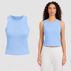 TOP DAMSKI 4F T-SHIRT NA RAMIĄCZKACH PRĄŻKOWANY logo NIEBIESKI. Niebieskie topy sportowe damskie 4f, uniwersalny, bez wzorów, z bawełny, bez ramiączek. Za 39.99 zł.