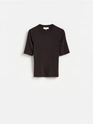 Dzianinowy t-shirt z lyocellem - ciemnobrązowy. Brązowe t-shirty damskie Reserved, l, bez wzorów, z dzianiny, bez kołnierzyka. Za 119.99 zł.