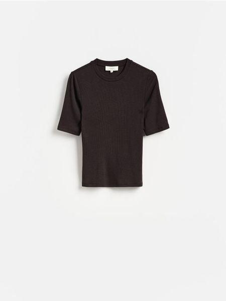 Dzianinowy t-shirt z lyocellem - ciemnobrązowy. Brązowe t-shirty damskie Reserved, l, bez wzorów, z dzianiny, bez kołnierzyka. Za 119.99 zł.