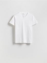 T-shirt slim z dekoltem V - biały. Białe t-shirty męskie Reserved, l, bez wzorów, z bawełny, bez kołnierzyka. Za 49.99 zł.