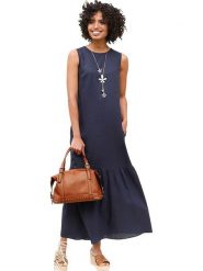 Heine Sukienka w kolorze granatowym rozmiar: 44. Niebieskie sukienki damskie Heine, bez wzorów, bez kołnierzyka, bez ramiączek, maxi. Za 117.73 zł.