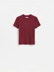 T-shirt z wiskozą - bordowy. Czerwone t-shirty damskie Reserved, l, bez wzorów, z dzianiny, bez kołnierzyka. Za 49.99 zł.