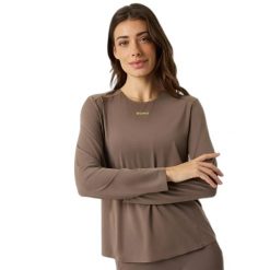 Damska koszulka z długim rękawem Björn Borg Performance Feather. Brązowe t-shirty damskie Björn Borg, l, bez wzorów, z elastanu, bez kołnierzyka. Za 291.00 zł.