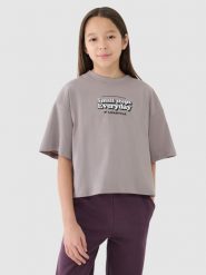 4F Crop top oversize z nadrukiem dziewczęcy - beżowy 158 (12-13 lat). Brązowe koszulki dziewczęce 4f, bez wzorów, z bawełny, bez ramiączek. W wyprzedaży za 19.99 zł.