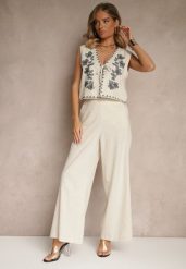 Beżowy Komplet z Bawełny Spodnie o Szerokim Kroju i Haftowana Kamizelka Ralissele. Brązowe kamizelki damskie Renee, bez wzorów, z bawełny, eleganckie. Za 129.99 zł.