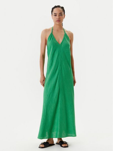 United Colors Of Benetton Sukienka letnia 4AGHDV0BF Zielony Regular Fit. Zielone sukienki damskie United Colors Of Benetton, na lato, l, bez wzorów, ze lnu, bez kołnierzyka, bez ramiączek. Za 229.99 zł.