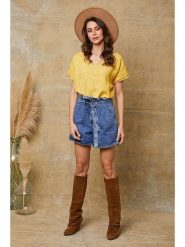 Joséfine Lniana koszulka "Quinto" w kolorze żółtym rozmiar: M. Żółte bluzki damskie Joséfine, m, bez wzorów, ze lnu, bez kołnierzyka, bez ramiączek. Za 108.99 zł.