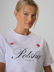 4F Koszulka kibica damska - biała XS. Białe topy sportowe damskie 4f, xs, bez wzorów, z bawełny, bez ramiączek. Za 59.99 zł.