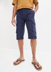 Długie bermudy bojówki Regular Fit z lnem. Niebieskie szorty męskie bonprix, bez wzorów. Za 144.99 zł.