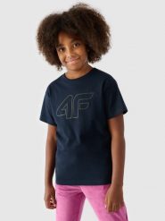 4F T-shirt oversize z nadrukiem dziewczęcy - granatowy 158 (12-13 lat). Niebieskie koszulki dziewczęce 4f, bez wzorów, z bawełny, bez ramiączek. Za 39.99 zł.