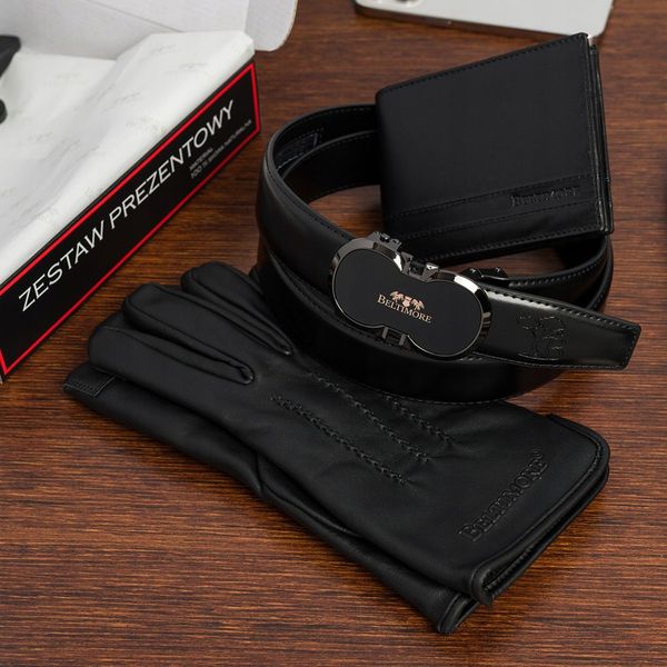 Zestaw prezentowy męski skórzany pasek portfel pudełko premium Beltimore Z48. Czarne paski męskie bez wzorów. Za 139.99 zł.