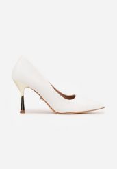 Białe Szpilki VICES ze Skórzaną Wkładką i Metalicznym Obcasem Nesslisa. Białe szpilki Renee, bez wzorów, z satyny, bez obcasa. Za 99.99 zł.